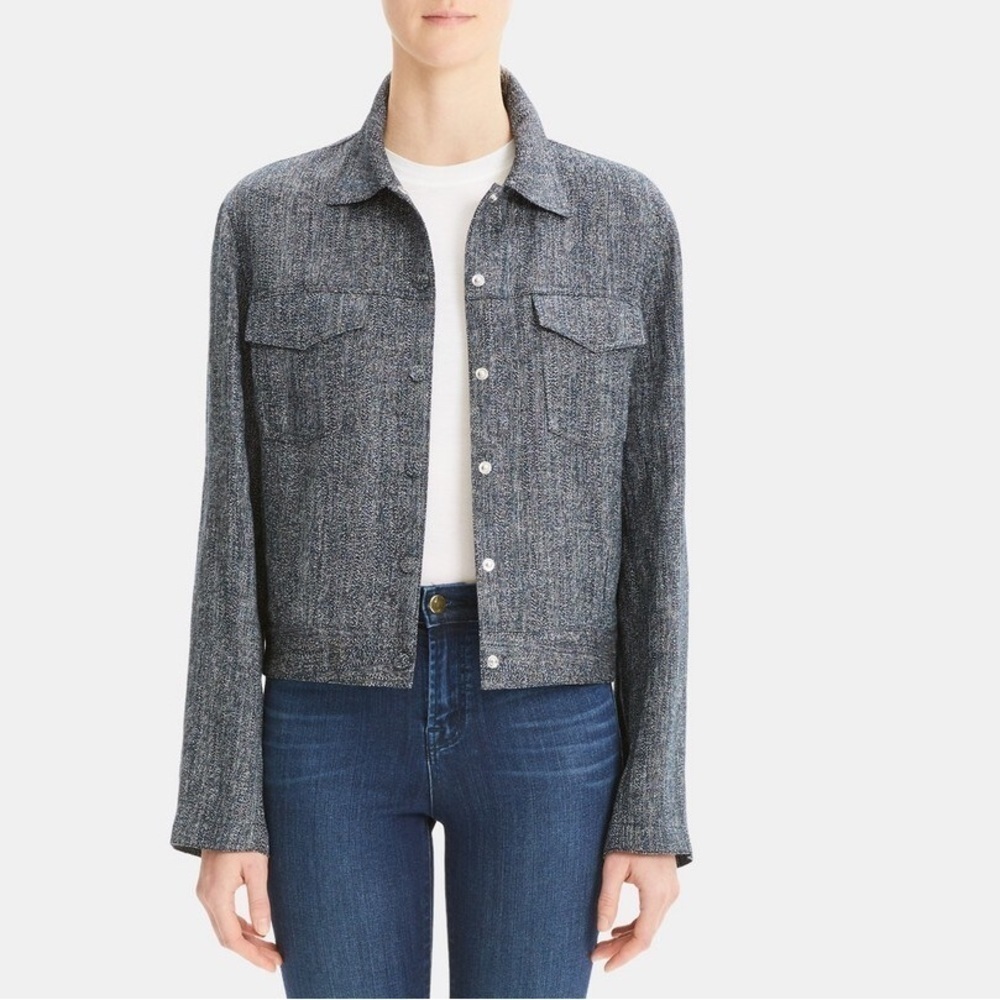 Theory Denim Trucker Jacket Herringbone Melange Linen Blend Sz P